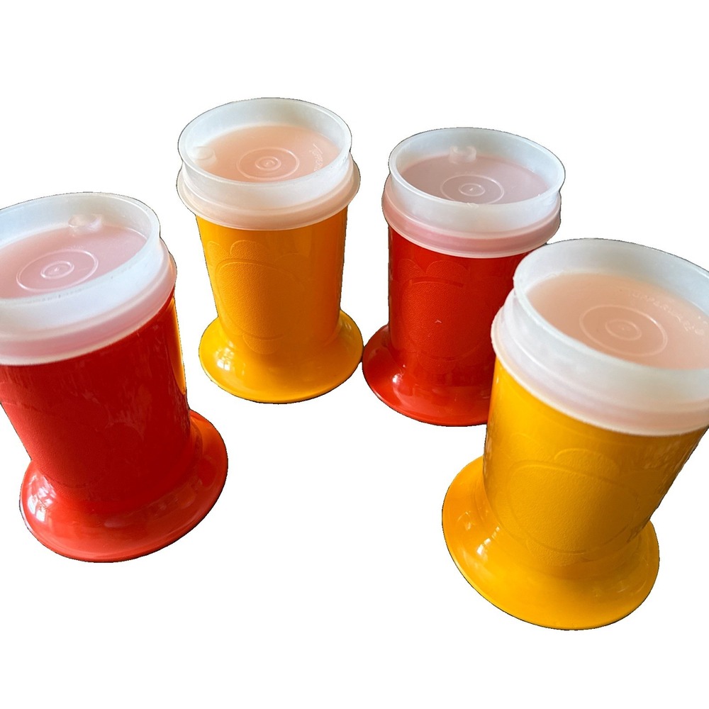 Vintage Tupperware Orange & Yellow Flower Footed Bell Lidded Sippy Cup set of 4